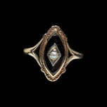 Art Deco Seed Pearl & Black Onyx Marquise Ring Size 7 1/4 White Gold Inlay & 10K Yellow Gold