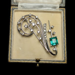 Deco or Mid Cenury 18K White Gold, Emerald & Diamond Spray Brooch