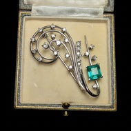 Deco or Mid Cenury 18K White Gold, Emerald & Diamond Spray Brooch