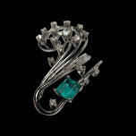 Deco or Mid Cenury 18K White Gold, Emerald & Diamond Spray Brooch