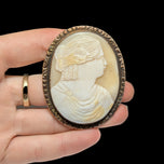 Antique Large Hand Carved Gold Filled Shell Cameo Brooch with Safety Chain