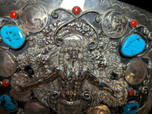 Vintage Southwestern Turquoise & Coral Chief Belt Buckle With Buffalo Nickels