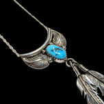 Native American Sterling Silver & Turquoise Feather Pendant Necklace