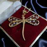 14K Yellow Gold Dragonfly Diamond Etched Statement Necklace