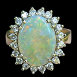 14K & 18K Gold White Opal Mosaic Diamond Halo Ring Squared Shank