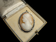 .800 Silver Left Facing Cameo Brooch / Pendant with Bail Loop & Marcasites