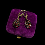 Gilt Silver / Gold Wash / Vermeil Bohemian Garnet Flower Cluster Drop Earrings Hinge Hoop
