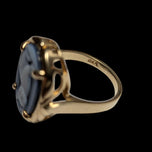 10K Yellow Gold Carved Blue Agate & Onyx Cat Cameo Ring Size 6 1/2