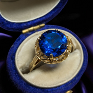 10K Yellow Gold Deep Blue Spinel Filigree / Ornate Cocktail Ring Size 6 3/4