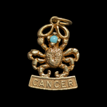 10K Yellow Gold Cancer Crab Zodiac Charm / Pendant With Turquoise