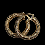 14K Yellow Gold Large Etched Hollow Hoop Earrings