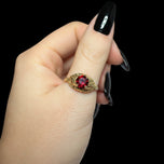 14K Yellow Gold Ornate Setting / Floral Shoulder Round Garnet Ring Size 9 1/4