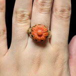 Vintage 14K Yellow Gold and Carved Coral Floral Ring Size 6.5