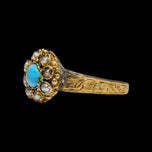 15 CT Gold Turquoise and Seed Pearl Antique Victorian Georgian Scroll Work Ring