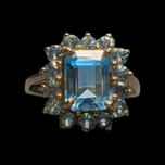 10K Yellow Gold Emerald Cut Blue Topaz Cocktail Ring Size 7 3/4
