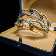 Modernist Abstract Sterling Silver & Tiger's Eye Leaf Cuff Bracelet Mexico