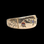 Antique 10K Yellow Gold Purple Sapphire, Garnet, White Topaz Etched Band / Gypsy Ring Size 6 1/2