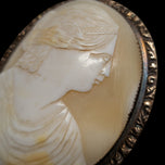 Antique Large Hand Carved Gold Filled Shell Cameo Brooch with Safety Chain