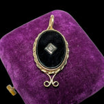 10K Yellow Gold Art Deco Onyx & Diamond Inlay Oval Pendant