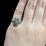18K White Gold White Sapphire and Green Glass Art Deco Style Filigree Ring Size 3 1/4