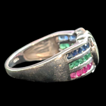 14K White Gold Channel Set Emerald Ruby Sapphire Diamond Ring