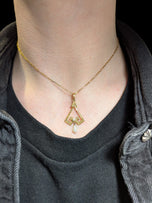 Antique 10K Yellow Gold Arts & Crafts Era Lavalier Necklace with Seed Pearls