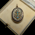 Antique Gold Filled Mourning Sailor Etched Anchor Locket With Turquoise and Seed Pearls