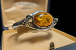 Sterling Silver Split Shank Cognac Baltic Amber Cuff Bracelet: Floral Motif