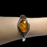 Sterling Silver Split Shank Cognac Baltic Amber Cuff Bracelet: Floral Motif