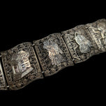 Sterling "S&F" Filigree Storytelling Panel Link Bracelet Asian Figures & Symbols