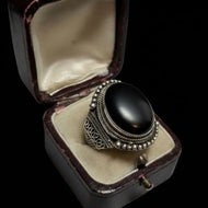 .925 Silver & Black Onyx Detailed Cabochon Ring Size 8 1/4 Signed JQI