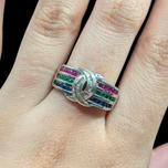 14K White Gold Channel Set Emerald Ruby Sapphire Diamond Ring