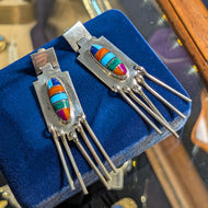 Sterling Silver Geometric H. Lewis Earrings Navajo Inlay Turquoise / Gemstones