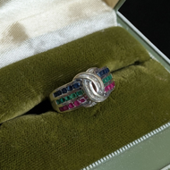 14K White Gold Channel Set Emerald Ruby Sapphire Diamond Ring