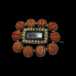 Antique 9K Gold Georgian Era Mourning Hair Brooch Carved Coral & Seed Pearl