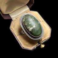 Modernist Polish Sterling Silver & Nephrite Jade Cabochon Ring Size 7