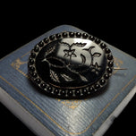 Antique Victorian Black Glass Vine Engraved Mourning Brooch C 1870