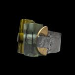 Anne-Marie Chagnon Pewter Adjustable Modernist Ring Green / Yellow Glass Stones
