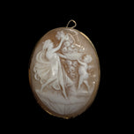 18K Yellow Gold Cameo Brooch / Pendant Cornucopia, Cherub & Woman Italy