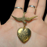 Vintage Gold Filled Sparrow Brooch with Etched Heart Locket Pendant