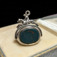 Antique / Victorian Silver / Carnelian & Bloodstone Spinner Fob Equestrian Rider Sheffield