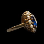 10K Yellow Gold Synthetic Sapphire & Cultured Pearl Halo Cocktail / Cluster Ring Size 4