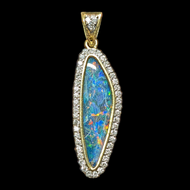 18K Yellow Gold Boulder Opal Custom Made Doublet and Diamond Pendant