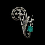 Deco or Mid Cenury 18K White Gold, Emerald & Diamond Spray Brooch