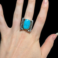 Navajo / Vintage Pawn Silver Square Sterling Silver & Turquoise Cabochon Ring Size 6