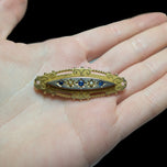 Antique 9K Victorian Era Blue Garnet-Topped Doublet & Seed Pearl Etruscan Mourning Brooch
