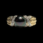 14K Yellow Gold Diamond & Black Tahitian Pearl Ring Size 5.5