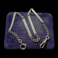 Sterling Silver Art Deco Watch Fob Chain with Panels, Dog Clip & Bolt Clasp 12"