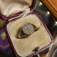 9K Gold and Diamond Cluster Signet Style Vintage Ring Wood Grain Design