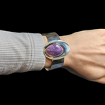 Sterling Silver Modernist MCM Cuff Bracelet with Purple Guilloche Enamel by Jules Perrier